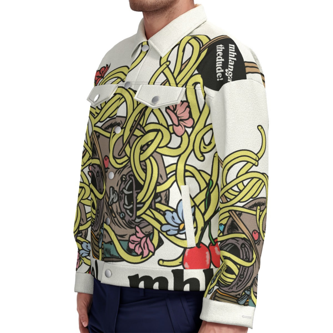 Printed white jacket from The Helmet by MhlangaTheDude, stylish unisex lapel design