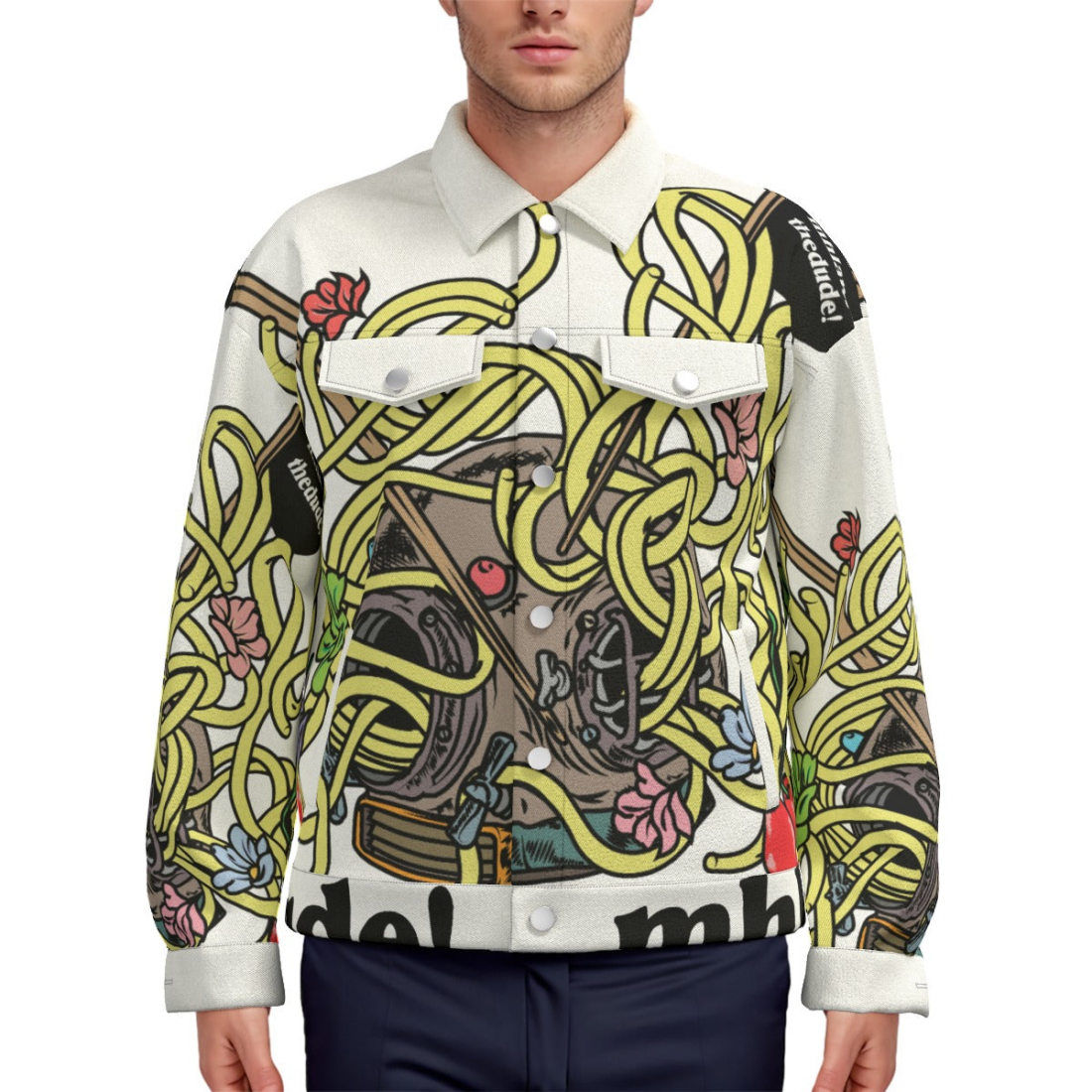 Printed white jacket from The Helmet - Unisex Lapel Jacket by mhlangathedude