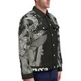Load image into Gallery viewer, Printed black denim jacket from The Takeaway - Unisex Lapel Jacket in 4XL 5XL length
